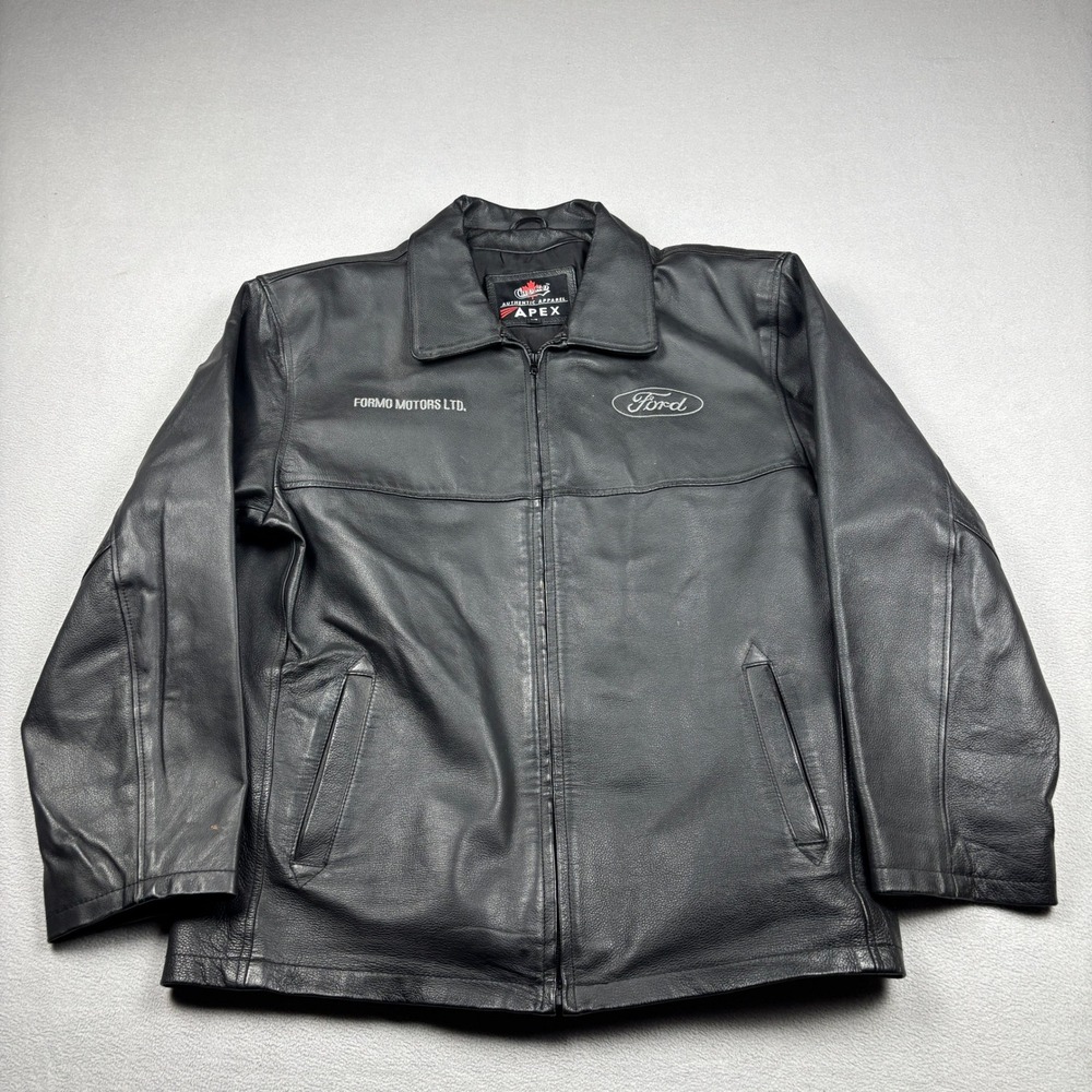 Choko Apex Mens Ford Formo Motors Black Leather Jacket Large Full Zip Vtg